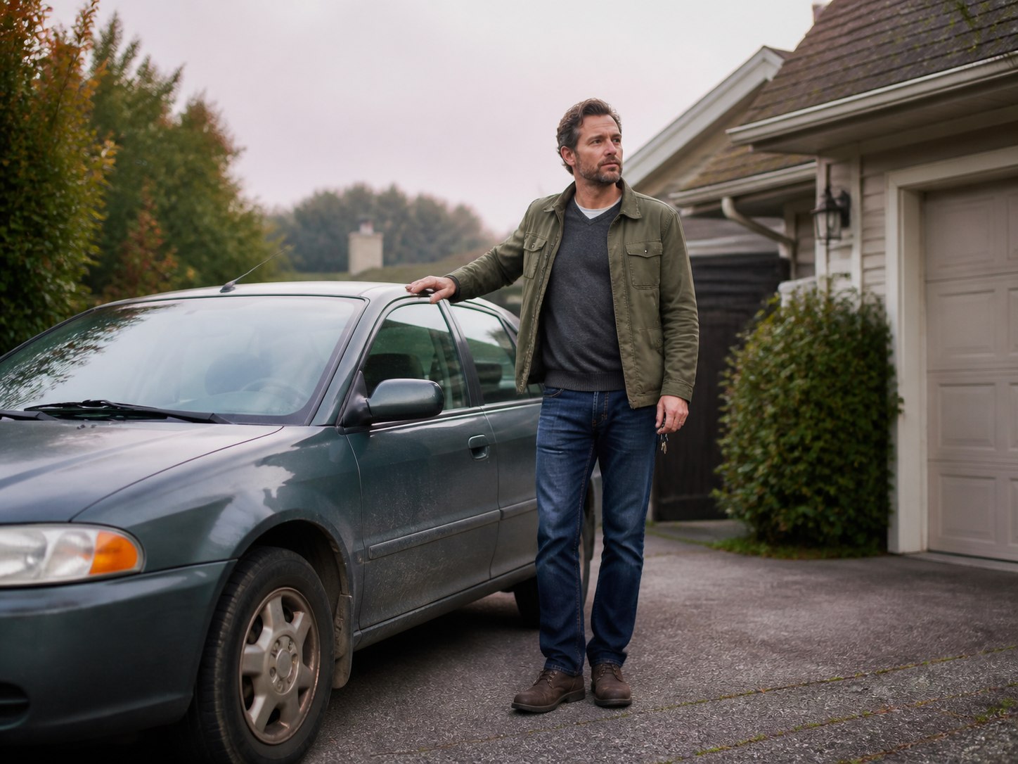 Driver beside his car outside his home
