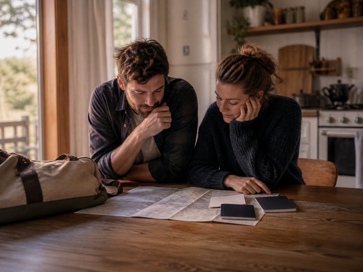 Couple planning a vacation together at their kitchen table